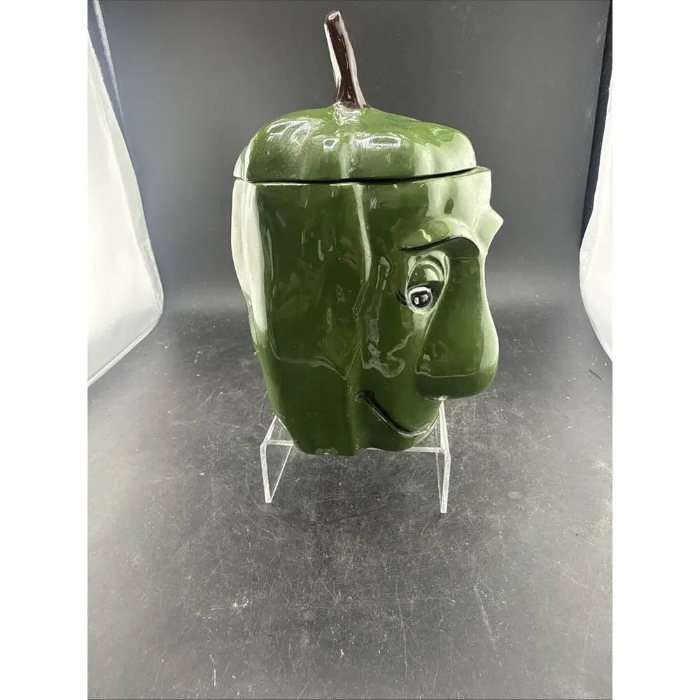 VTG Kitschy Ceramic Mr Green Pepper Face Storage Jar Canister Hobbyist 1988